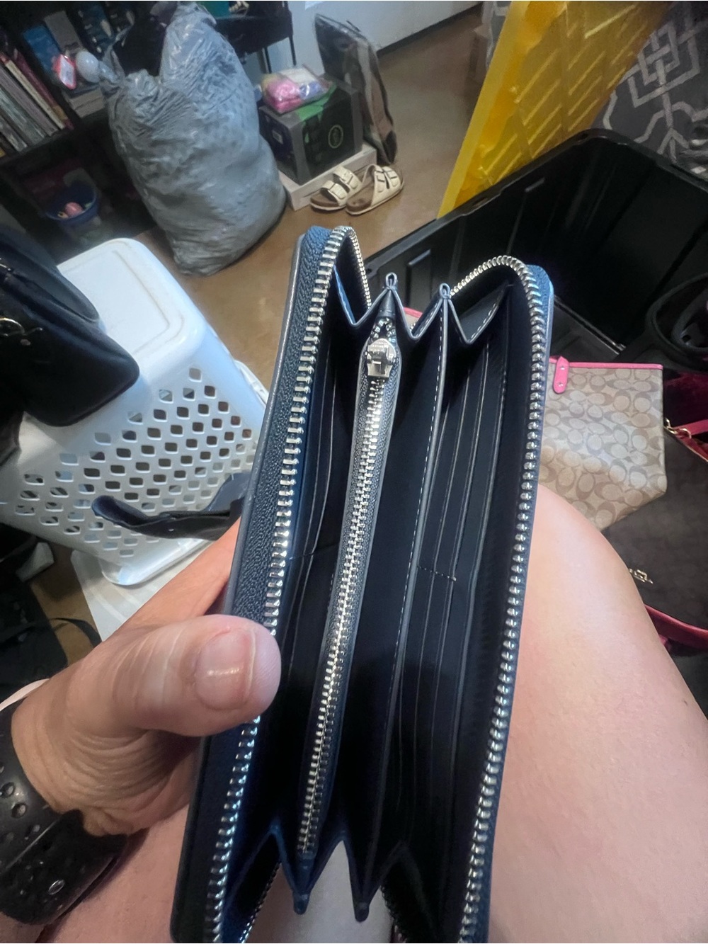 Coach Black Zip Around Leather Wallet with Silver Hardware
